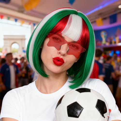 Image of ANOGOL Green White Red Bob Wig with Bangs Short Green Wigs for Women