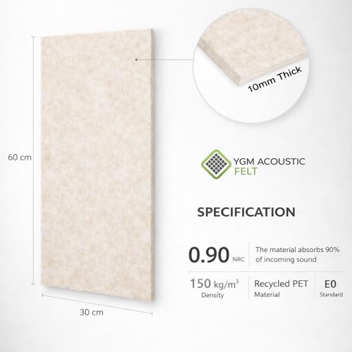 Image of YGM Acoustic Foams Luxury PET Felt Acoustic Self Adhesive Panels, 10 MM Thick, Sound Absorbing Panels for Wall | Room Noise Reducer & Sound Dampening (Pure Beige, 1x2 Foot - 8 Panels)