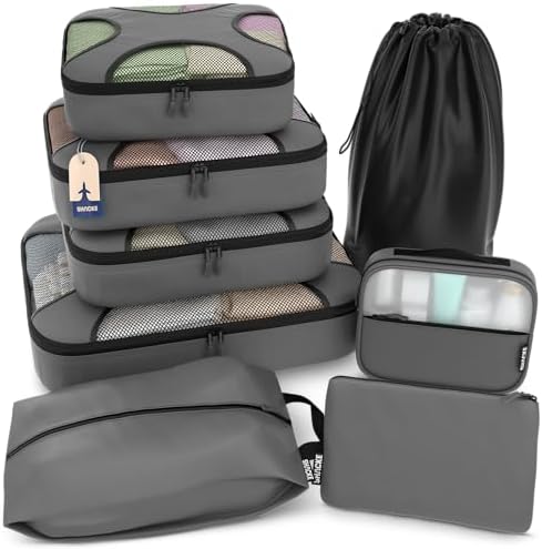 Shacke Premium 8 Packing Cubes Set - Lightweight Mesh Travel Luggage Organizers with Laundry Bag, 8-Piece Suitcase Storage System (Black) 12