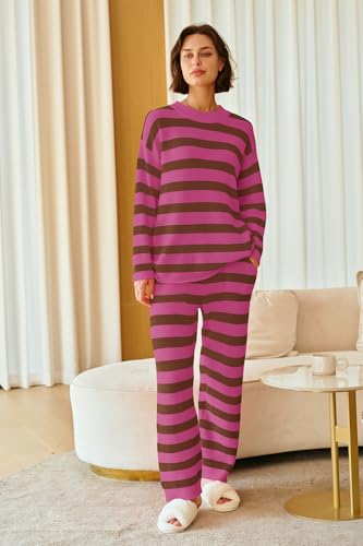 Image of SENSERISE Womens Striped Set Sweater Lounge Sets | Pajamas Set, Loungewear Set, Oversized Knit Sweater, Wide Leg Pants with Pockets, Fall Outfits, Pants Set
