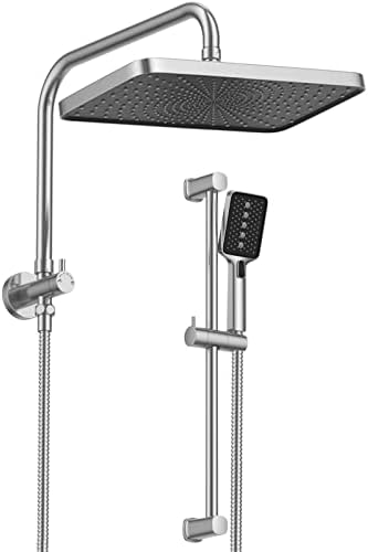 Rain Shower Head with Handheld, HOMELODY 12" Square Rainfall Shower Head with 14"Extension Arm, 6"Handheld Shower Spray with Adjustable Slide Bar & 90"Shower Hose, Waterfall Fixed Showerheads, Silvery