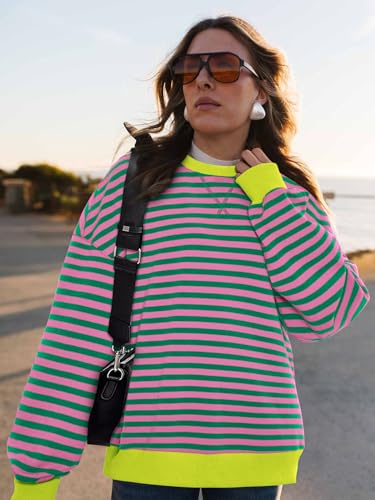 Image of PRETTYGARDEN Womens Striped Oversized Sweatshirt Color Block Crew Neck Long Sleeve Casual Loose Pullover Top Y2K Clothes