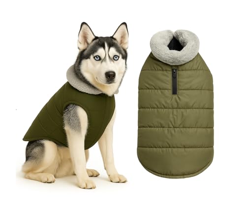 Image of The Pets Company Dog Winter Coat Jacket,Windproof, Waterproof, Light Weight, Washable, Ultra Warm Thick Fleece Lined Dog Vest for Cold Weather Protection, (Military Green, Medium - Large - 22 Inch)