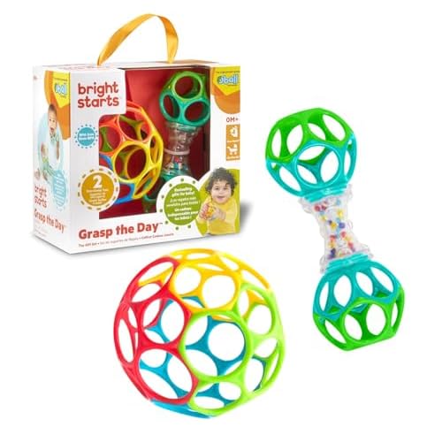 Bright Starts Easy-Grasp Oball Bundle Gift Set – Grasp The Day, Ball and Rattle Toys 2-Pack, BPA Free, Unisex, Newborn+