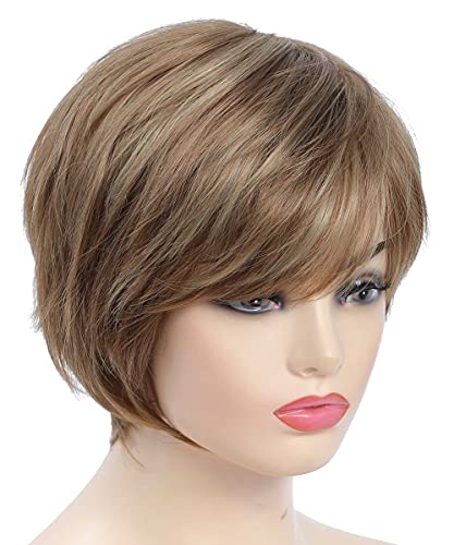 Jolnvca Pixie Cut Layered Short Brown Wigs With Bangs Straight Synthetic Hair Wigs For White Women (Blonde Mixed Brown) #TOP2
