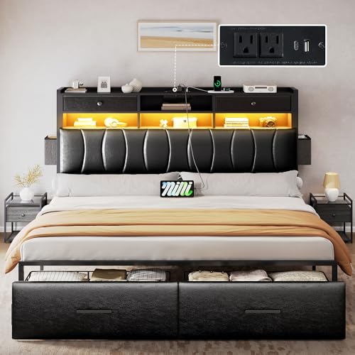 YITAHOME King Size with 2 Storage Drawers and Charging Station, Upholstered Bed with Storage Headboard and LED Light, Heavy Duty Metal Frame Support, No Box Spring Needed, Noise Free, PU Leather Black by YITAHOME - Used condition - US$179.70