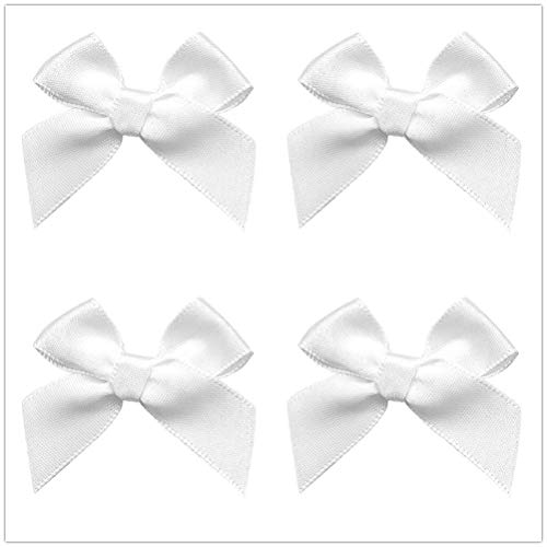 50pcs Mini Satin Ribbon Bows Fabric Ribbon Flowers 42mm x 39mm Appliques DIY Craft for Sewing, Scrapbooking, Wedding, Christmas Gift Warpping (White)