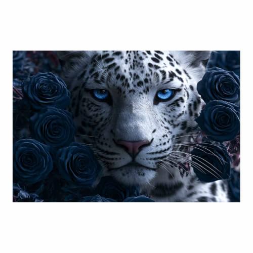 Toile léopard des neiges aux yeux bleus 70x100cm pour habiller un grand mur vide sans cadre