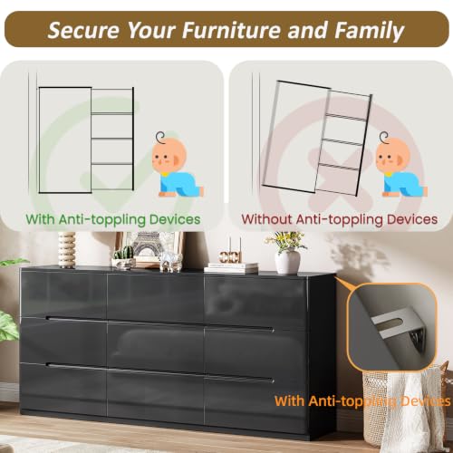 Image of Black Dresser for Bedroom, 60.2 inch Wide 9 Drawer Dresser, Modern High Gloss Dresser Chest of Drawers, Wooden Dressers Organizer for Bedroom, Closet