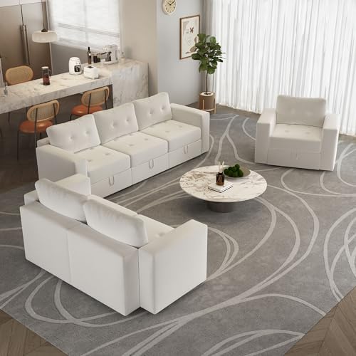 Image of QHITTY U Shaped Sectional Modular Sofa, 6 Seater Accent Couch with Hidden Extra Large Storage Space for Living Room, Beige White