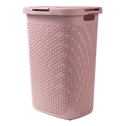 Mind Reader 60L Slim Laundry Hamper, Clothes Basket, Lid, Wicker Design, Plastic, 17.65'L x 13.75'W x 24.15'H, Pink