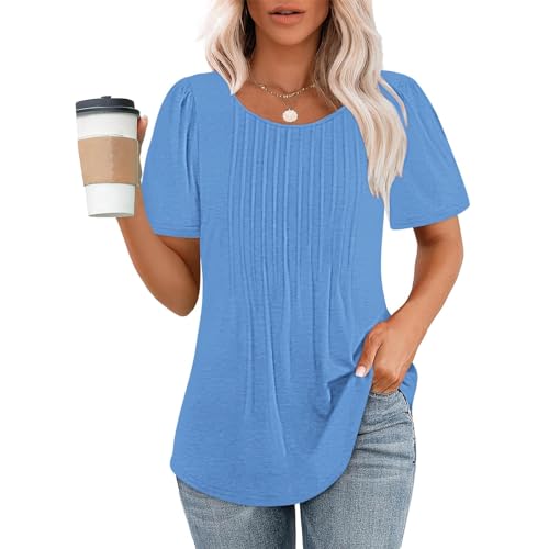 Camisetas femininas de manga curta, caimento solto, casual, plissada, gola redonda, blusas femininas