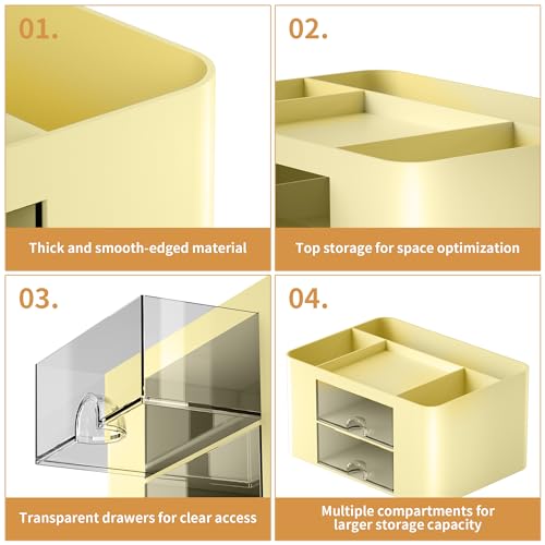 Image of Marbrasse Pen Organizer with 2 Drawer, Multi-Functional Pencil Holder for Desk, Desk Organizers and Accessories with 5 Compartments + Drawer for Office Art Supplies (Yellow)