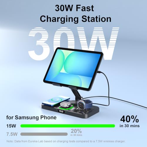 Image of 6 in 1 Charging Station for Samsung Multiple Devices, Foldable Wired Charging Stand for iPad /Tab with Clock & Light, Charger for S26 /S25 Ultra /Z Fold 7 & Buds, Only for Galaxy Watch(Black)