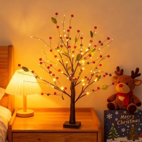 Árbol de flores de bayas rojas de 55 cm, decoración navideña luminosa para regalar a la familia 3
