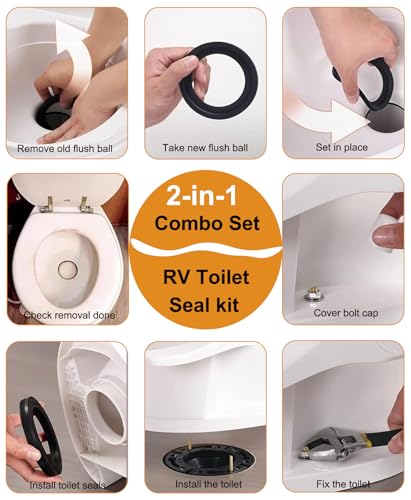 Image of RV Toilet Seal Kit Replacement for Dometic 300 310 320, RV Toilet Parts Includes 385311652 Base Seal & 385311658 Flush Ball Seal with Mounting Hardware, RV Toilet Replacement Parts for Camper Trailer