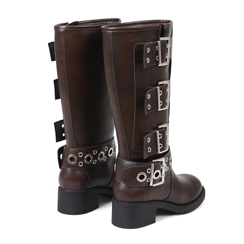 Image of AMINUGAL Knee High Boots Women Square Toe Pull On Wide Calf Riding Fashion Buckles Chunky Metallic Casual Vintage Buckle Rivet