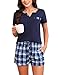 Bresdk Schlafanzug Damen Kurz Shorty Pyjama Set Baumwolle Sommer Nachtwäsche M1409 Blau L