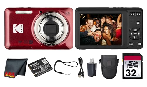Kodak PIXPRO FZ55 Digital Camera (Red) | 16MP Sensor 5X Optical Zoom 28mm Wide-Angle Lens & Full HD Video | Great for Travel & Beginner Photography (FZ55RD) + 32GB Card + Case + Cleaning Cloth