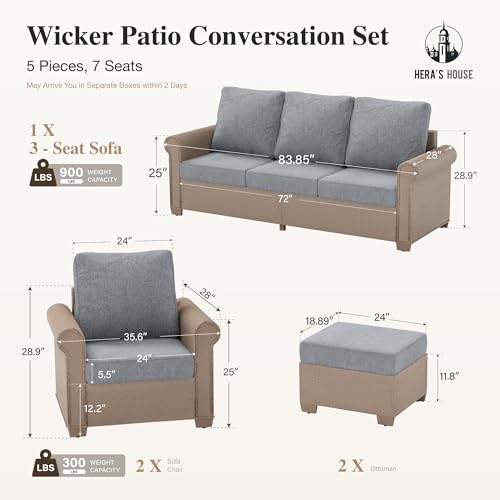 Image of HERA'S HOUSE Patio Furniture Set, 4 x Cushioned Chairs, 3-Seat Sofa with Wood Grain Coffee Table, 5 Seats Luxury Windsor Style All Weahter Outdoor Sofa Conversation Set for Deck Lawn Backyard
