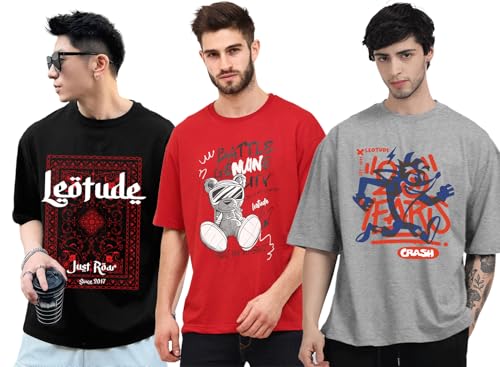 Image of LEOTUDE Men's Cotton Trendy Oversized Round Neck Printed T-Shirt Combo (Pack of 3)