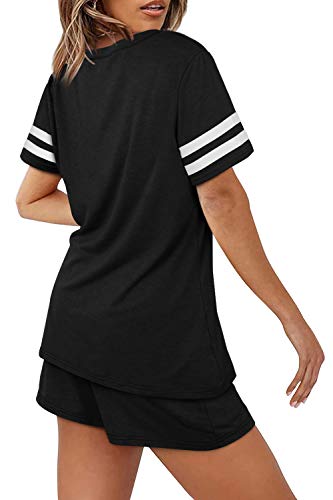 Black Womens Loungewear Sets Short Sleeve Crewneck Striped Sweatsuit Summer Pajamas L