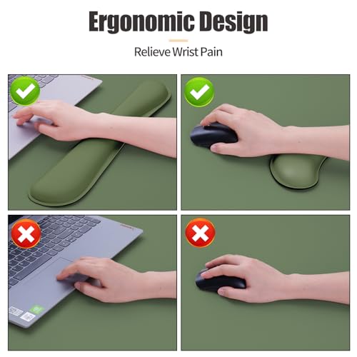 Image of Bloss Keyboard Wrist Rest + Mouse Wrist Rest + Leather Desk Mat, Non-Slip Desk Mat Protector for Office, Home(31.5x15.7 Inches,Olive Green)
