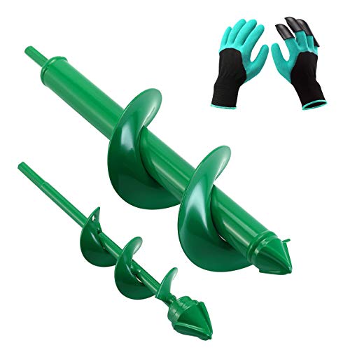 VUDECO Auger Drill Bit 2 PCS Set with Garden Genie Gloves for Planting Hole Drill Planter Auger Spiral Hole Drill Bit Bulb Bedding Digging Post Hole Planting Tool 11.8
