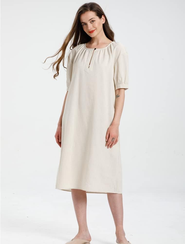 Minibee Women's Cotton Linen Dress Short Sleeve Midi Casual Plus Size Tunic Dress with Pockets - Image 2