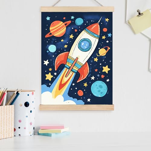 Image of PQKIY Space Rocket Nursery Wall Art Poster Hanger Frame 12x16 in, Retro Universe Space Ship Launching Wall Decor Canvas Prints for Nursery Toddler Boys Kids Room Bedroom Playroom