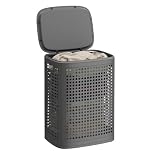 SONGMICS Cesto de Ropa con Tapa, Cesta de Ropa de Plástico, 75 L, Cesto Colada Delgado, Baño, Lavadero, Dormitorio, Gris Oscuro RLH021G101