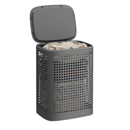 SONGMICS Panier à Linge avec Couvercle, Corbeille à Linge Sale en Plastique, 75 L, Fin, Gain de...
