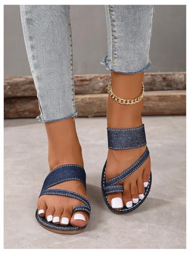 Image of GORGLITTER Women's Denim Jean Sandals Cute Dressy Toe Ring Strappy Slip on Slide Flats Sandal