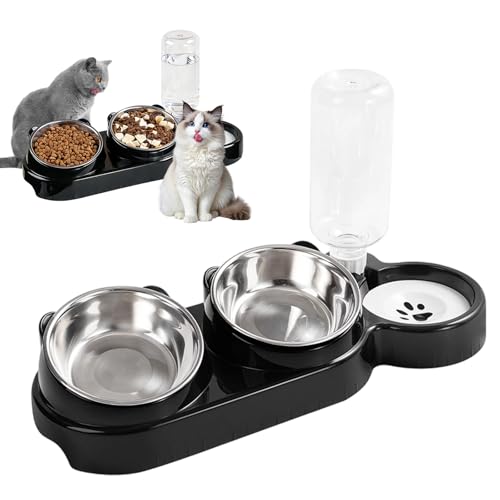 Set de gamelles 3 en 1 pour chat - Gamelle et gamelle d'eau pour chat - Avec distributeur d'eau - En acier inoxydable - Augmente 15 ° - Gamelles inclinées -...