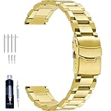 Juntan 18mm Stainless Steel Watch Band, Gold Brushed Metal Watch Strap for Women Men, Quick Release Replacement Watch Bracelet Double Folding Buckle