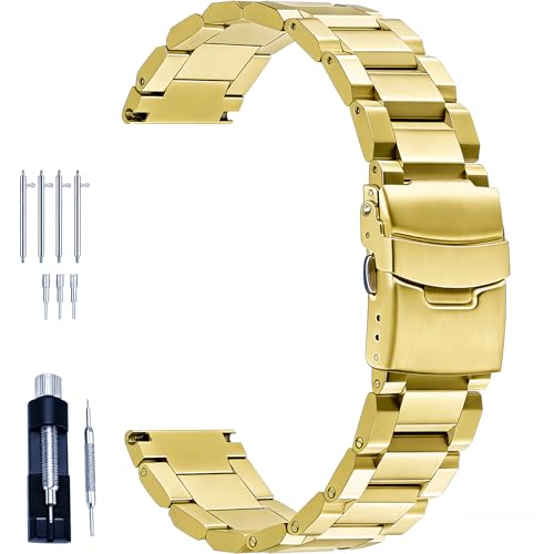Juntan 18mm Stainless Steel Watch Band, Gold Brushed Metal Watch Strap for Women Men, Quick Release Replacement Watch Bracelet Double Folding Buckle