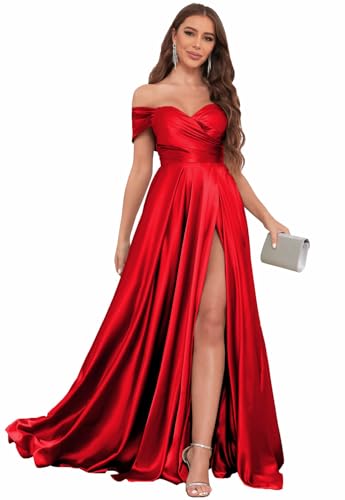 Image of SOLODISH Off The Shoulder Satin Prom Dresses for Women Long Formal Evening Party Dress with Slit