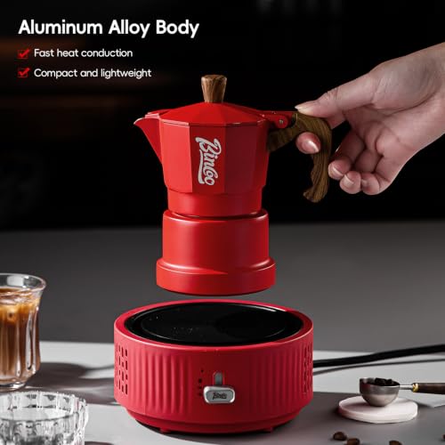 Image of Bincoo Three-valve Espresso Maker Stovetop,2 Cups Camping Moka Pot Espresso Italian Coffee Maker,Rich Crema,Easy to Use (Red)