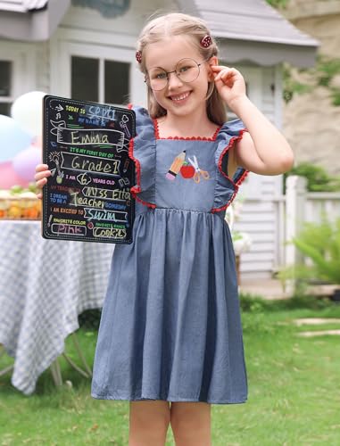 IMEKIS Toddler Kids Girls Back to School Dress Embroidered Apple Pencil Ruffle Sleeve Clothes 3-8T4