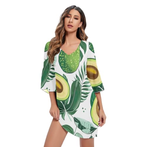 Robe d'été en mousseline de soie à motif avocat vert avec col V plongeant