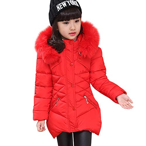 LSERVER Abrigo de Invierno Acolchado para Niñas Princesas Chaqueta de algodón Dulce con Capucha Cintura Ajustable, Rojo, 8-9 años / 140