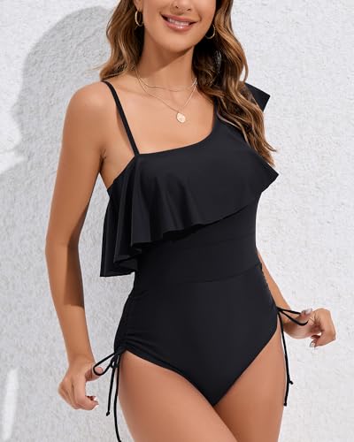 One Piece Swimsuit for Women Ruffled Swimwear One Shoulder Slimming Bathing Suit3