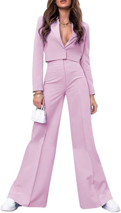 HipGlamp Women's Formal Long Sleeve Cropped Blazer & Wide-Leg Pant Suit Set with Deep V Neck Business to Cocktail Elegant