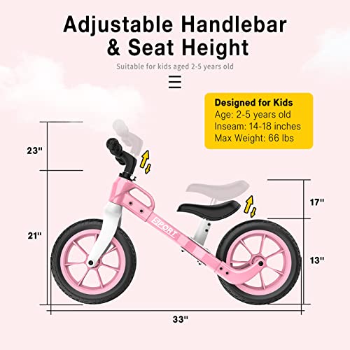 Nasitip Upgraded Balance Bike For 2 3 4 5 Year Old Kids Boys Girls 12-Inch Wheels Training Bike No Pedal Adjustable Seat & Handlebar Height (New Pink) #TOP2