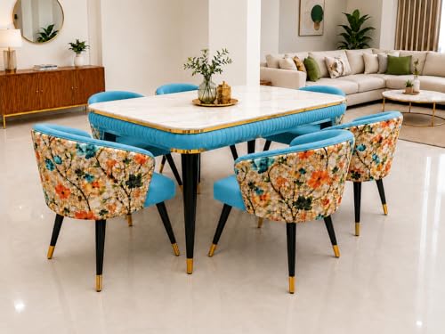 Image of WOODEN SPACE 6-Seater Wooden Dining Table Set | Nano Composite Marble Top | Solid Wood Base | Modern Dining Room Furniture with 6 Chairs (Sky Blue Printed)