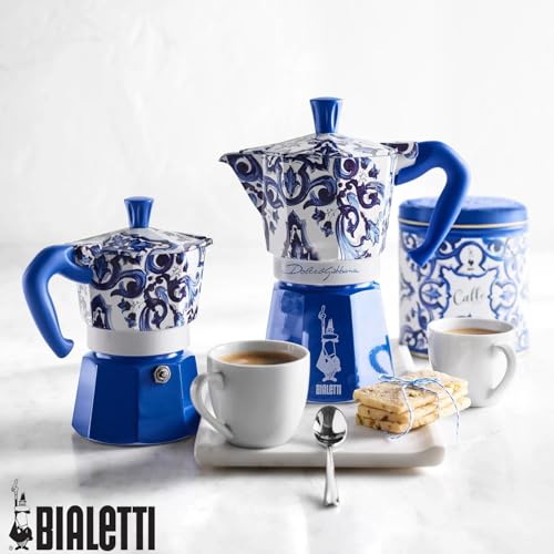 Image of Bialetti Original Dolce & Gabbana Blue Mediterraneo Design Moka Pot, Italian Stovetop Espresso Maker, Premium Coffee Maker, Made in Italy for Authentic Espresso Coffee Since 1933 (3 Cup)