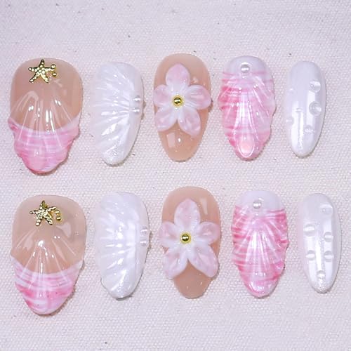 10Pcs Summer Flower Press on Nails Short Almond Fake Nails Gold Shell Starfish Rhinestones Designs Full Cover Artificial Reusable Cute Handmade False Nails for Women Girls Acrylic Nails Accessories