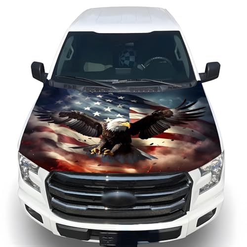 Image of American Car Hood Cover - 59x51 in Car Hood Cover Eagle Flag Bonnet Banner with 2 Adjustable Triangular Fasteners, Universal Fit for Trucks, SUV, Patriotic America Flag Cars Decor