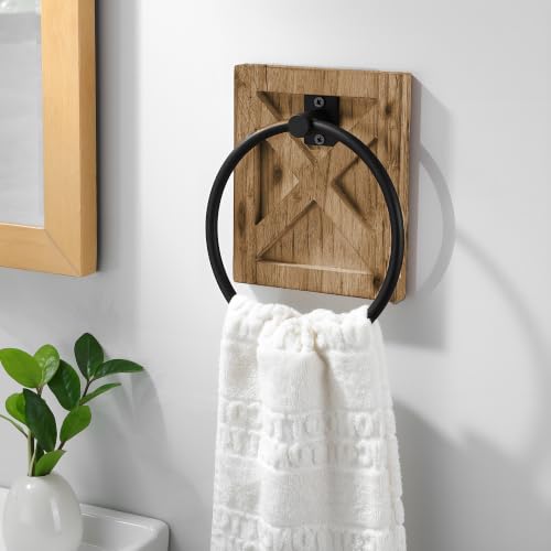 Image of SUNTECH Farmhouse Towel Ring, Wall Mount Hand Towel Holder with Wooden Base | 180 Swivel Design, Matte Black Metal, Rust & Moisture Resistant, Screw Mounting, for Bathroom, Kitchen, Laundry Room, RVs
