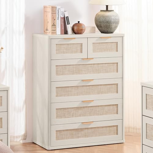 Image of LEYAOYAO White Dresser for Bedroom, 41 inch Tall Chest of Drawers, Modern 6 Drawers Boho Rattan Dressers with Storage, Dresser Wooden Closet Organizer for Living Room, Hallway